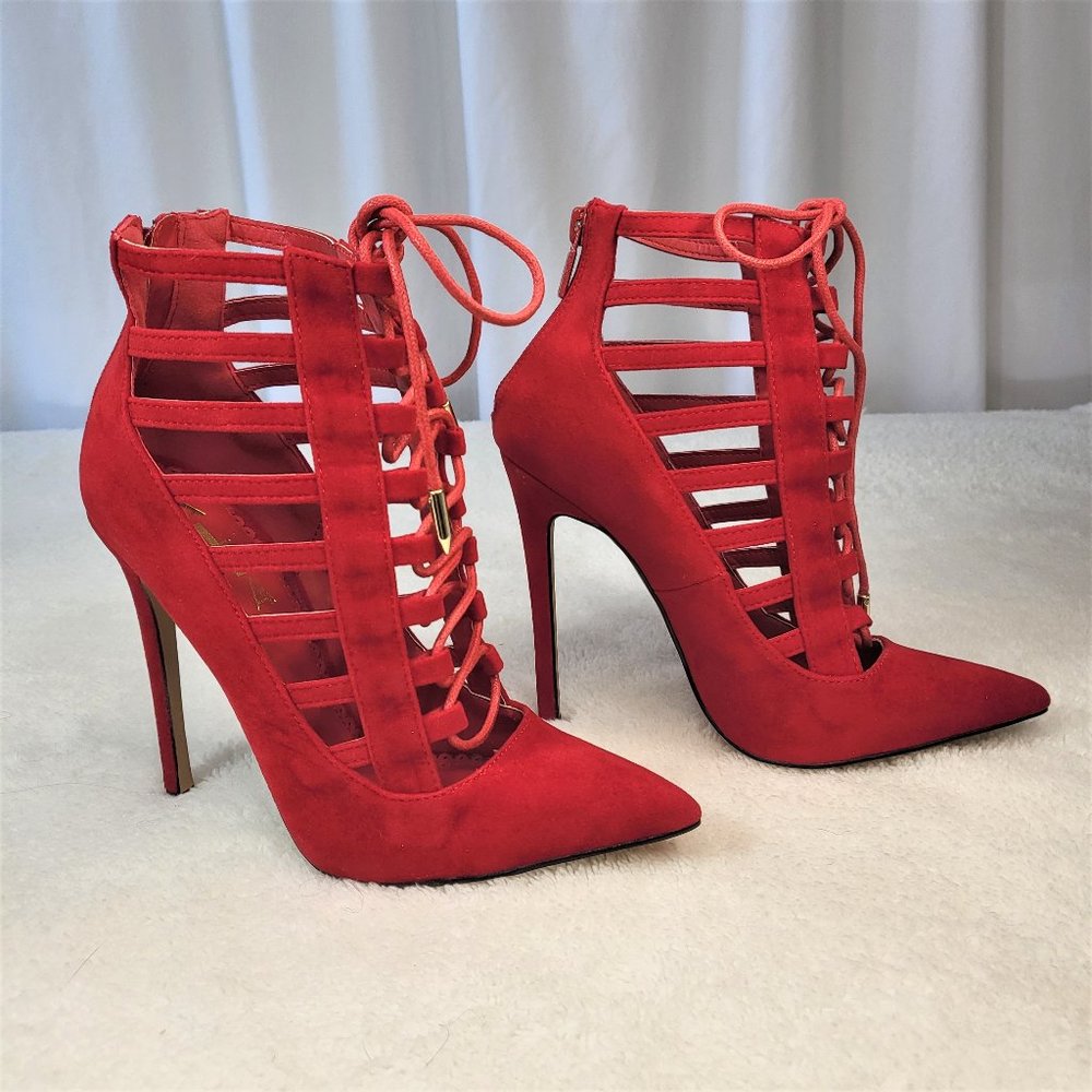 ☆ Alba Red Cage Cut Pointy Toe Lace Up Ankle Boots